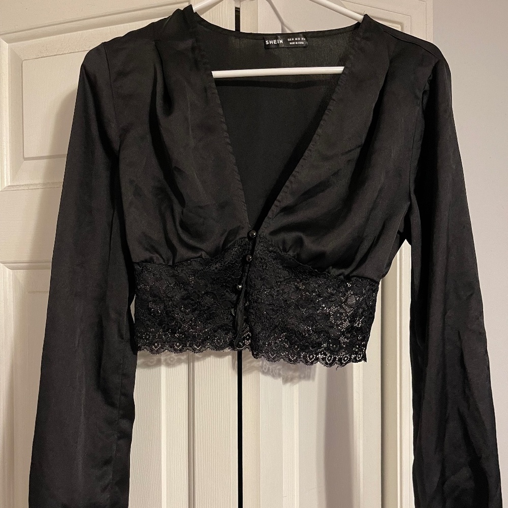 Black Silk Lace Long Sleeve Button Down Crop Top